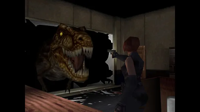 Dino Crisis screenshot: a T-Rex smashes its head through an office window as Regina aims a handgun at it