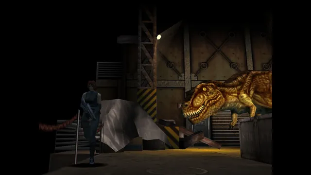 Dino Crisis screenshot: Regina walks through a dark loading yard as a T-Rex looms behind the crates
