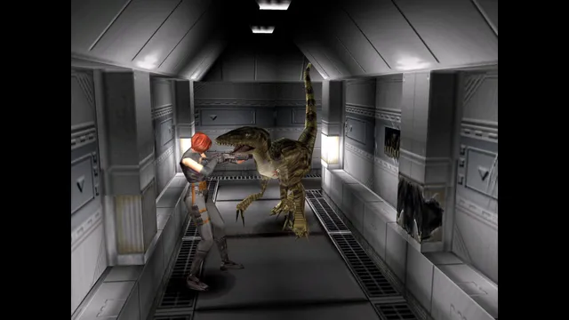 Dino Crisis screenshot: a raptor lunges at Regina in a narrow white corridor of the facility