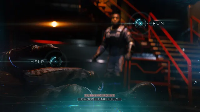 A Turning Point choice between Help and Run, with a crew member lying on the floor and another by the stairs