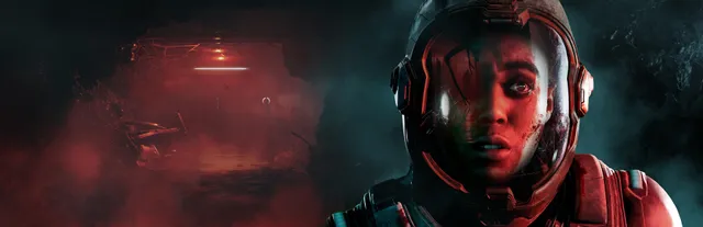 Directive 8020 key art: an astronaut with a bloodied face inside a cracked helmet, beside a red-lit wrecked corridor