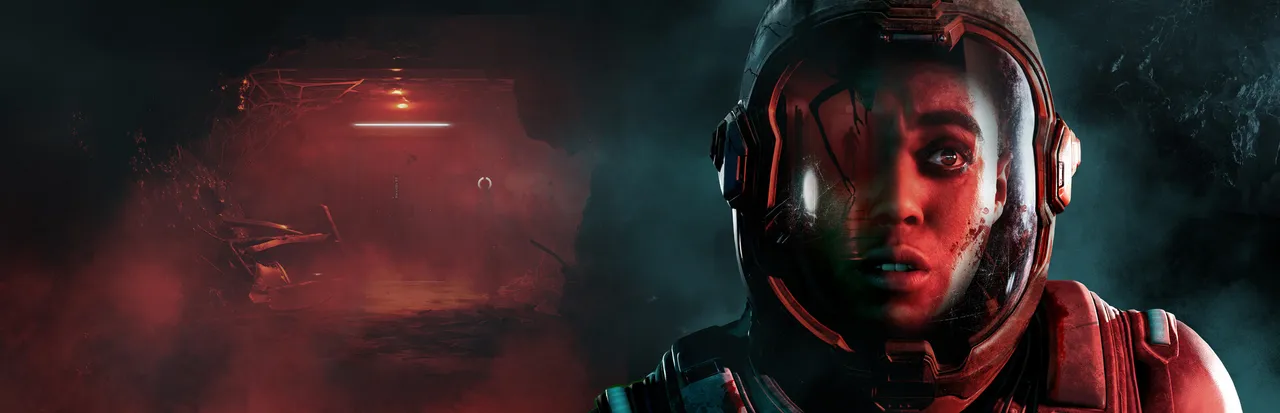 Directive 8020 key art: an astronaut with a bloodied face inside a cracked helmet, beside a red-lit wrecked corridor