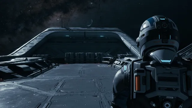 A suited astronaut stands on the hull of the colony ship under a starry sky