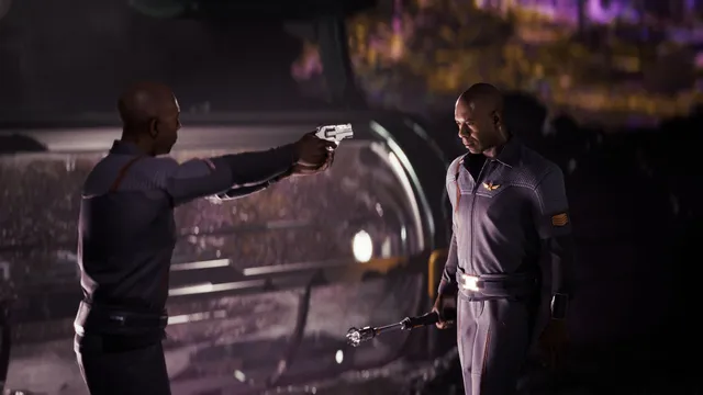 One crew member holds a revolver on another in the dark beside the crashed ship