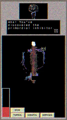 Discover My Body screenshot: the nervous view of a body, with the text Aha! You've discovered the primordial inhibitor