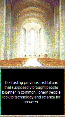 Discover My Body screenshot: a bright empty church nave above text about lonely people looking to technology and science for answers
