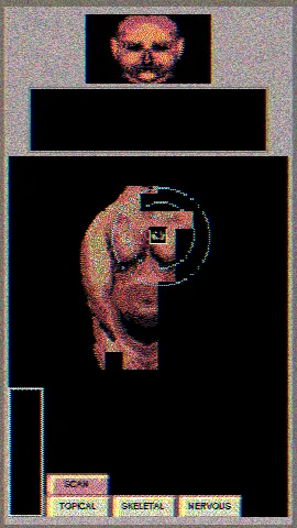 Discover My Body screenshot: a scanner circle over a man's bare chest, with the Scan, Topical, Skeletal and Nervous buttons below