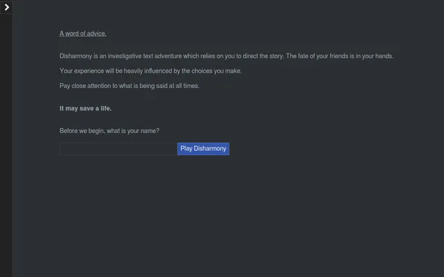 The opening screen: a word of advice to pay close attention, it may save a life, and a box to type your name