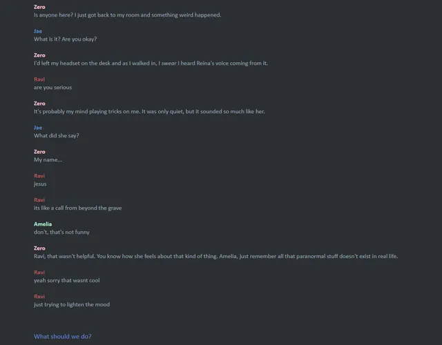 The group chat: a friend says he heard Reina's voice from his headset say his name, and the others react