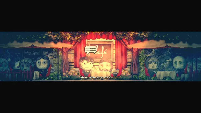 DISTRAINT 2 screenshot: diners at an outdoor café with a red curtain, one thanking Price