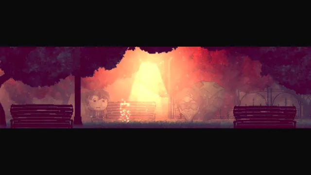 DISTRAINT 2 screenshot: Price in a red-lit park at night beside a giant stone head under a street lamp