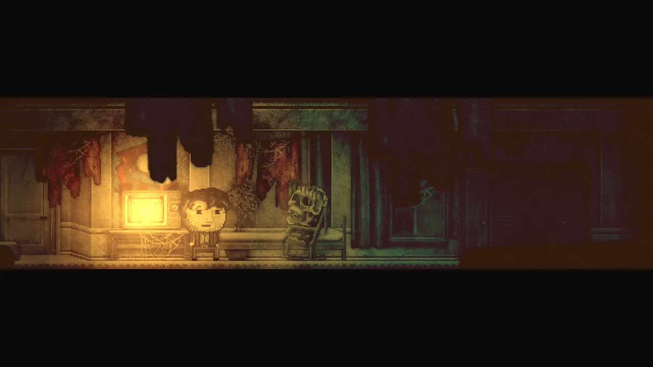 DISTRAINT 2 screenshot: Price stands in a rotting room by a glowing old TV, dark growths hanging from the ceiling and a skull-faced figure in a chair beside him