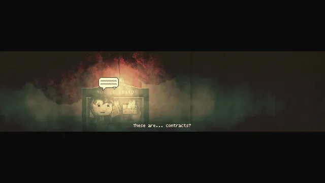 DISTRAINT 2 screenshot: Price at a foggy notice board, saying: These are... contracts?