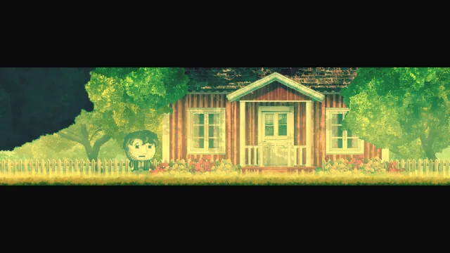 DISTRAINT 2 screenshot: Price outside a red wooden house in a sunny garden