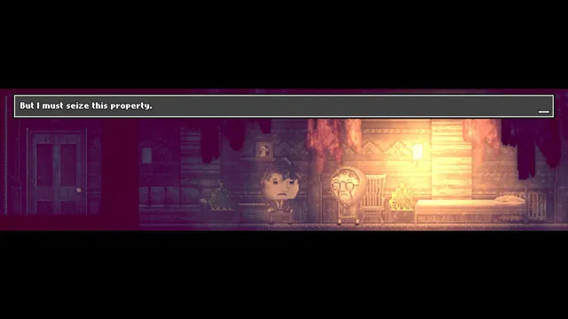 Price in the old woman's dim pixel-art flat, thinking: But I must seize this property