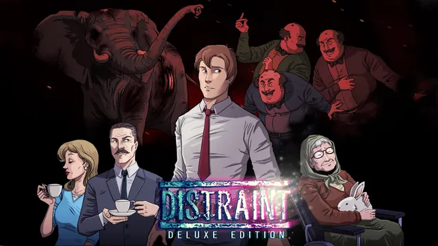 DISTRAINT: Deluxe Edition key art: Price in a shirt and tie among his bosses, a couple with teacups and an old woman with a rabbit, under a looming red elephant