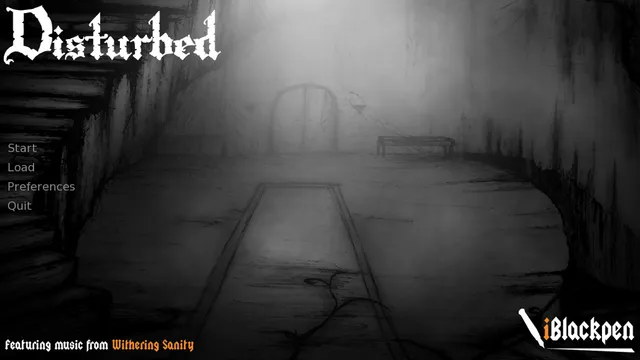 The Disturbed title screen over a hand-drawn grey road leading to a gated arch