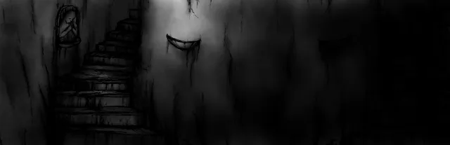 Disturbed key art: a grey pencil drawing of a dark stone stairway in a decaying, cobwebbed room