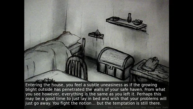 Von's sparse bedroom with a bed, a chest and shelves, and text about the blight seeping into the house