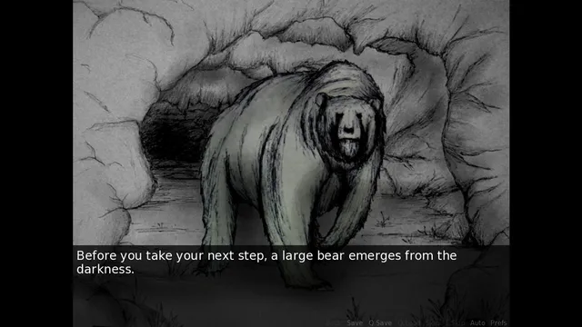 A large bear emerging from a dark cave in a pencil drawing, with text warning of it