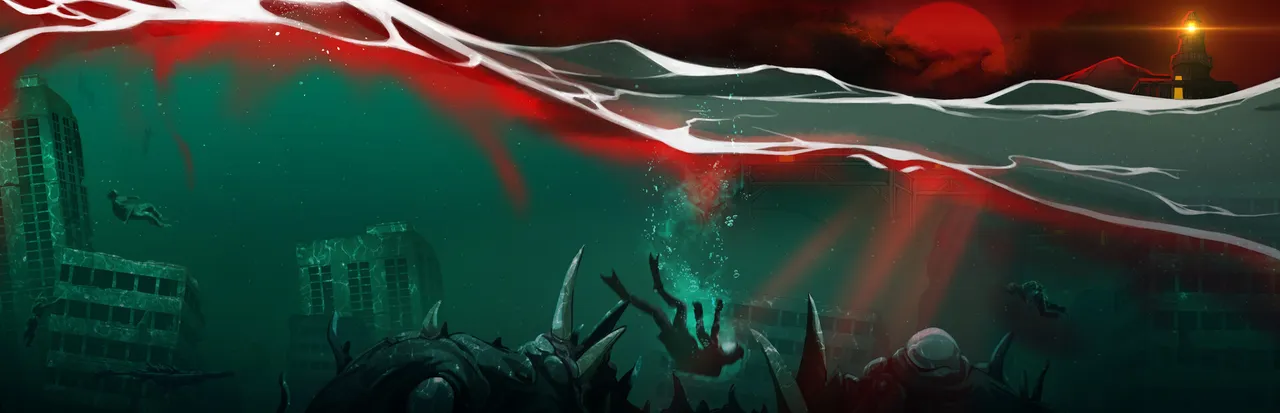DIVE or DIE - Children of Rain key art: a diver sinks into green water toward spiked shapes under a blood-red sky and a lighthouse