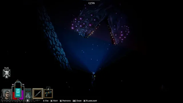 DIVE or DIE - Children of Rain screenshot: a diver's lamp lights a glowing many-eyed creature in the deep dark