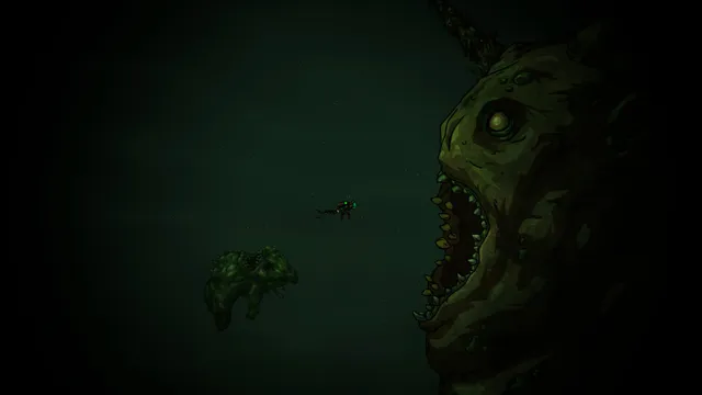 DIVE or DIE - Children of Rain screenshot: a tiny diver in murky green water beside a huge fanged fish