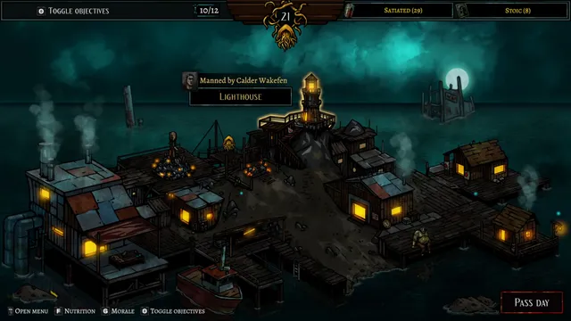 DIVE or DIE - Children of Rain screenshot: the survivors' camp of shacks and a lighthouse on a dock at night
