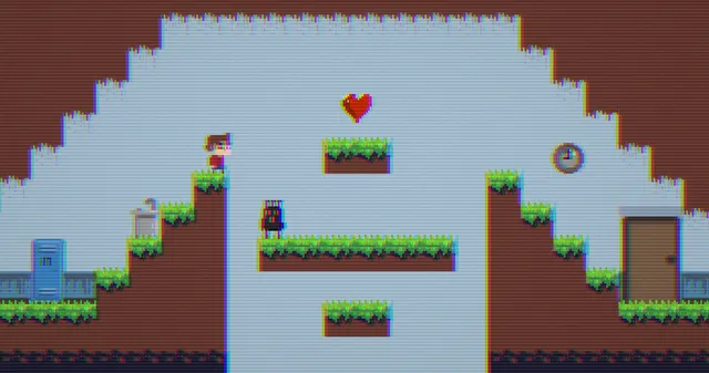 A pixel-art platform stage in a school hallway with lockers, a clock and a door, under a flickering CRT filter, a heart floating above