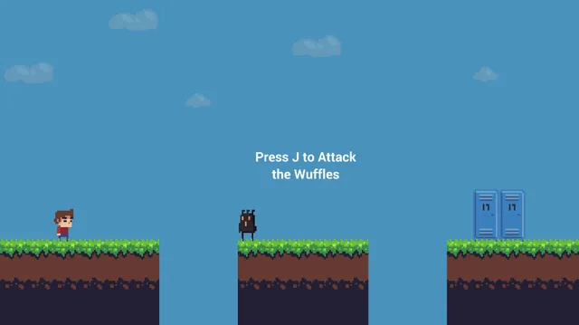 A bright pixel platform level with grass ledges, a dark creature and red hearts to collect