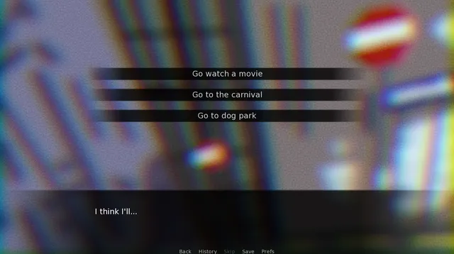 A blurred street scene in shifting colours with choices to go watch a movie, go to the carnival or go to the dog park