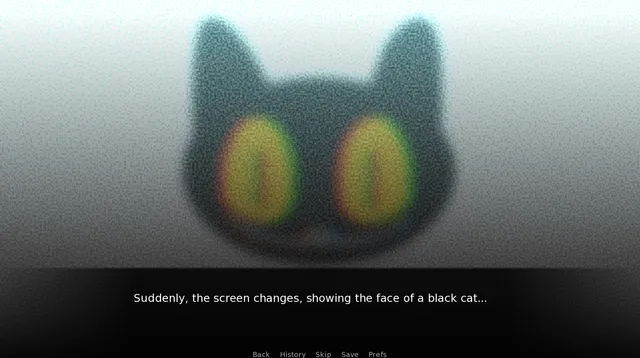 A grainy, distorted close-up of the black cat's face with the text Suddenly, the screen changes, showing the face of a black cat