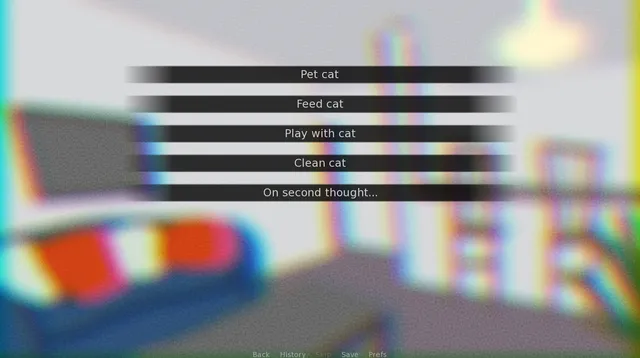 A blurred, colour-split living room behind a menu reading Pet cat, Feed cat, Play with cat, Clean cat and On second thought
