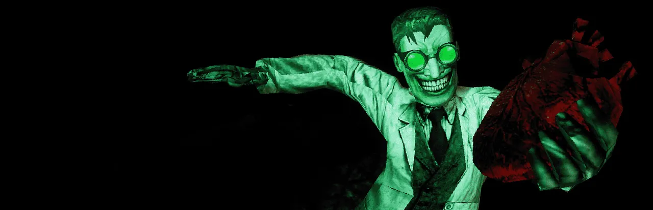 DOCTOR VISCERA key art: the grinning doctor in green goggles and a lab coat reaches out, holding a bloody heart, against black
