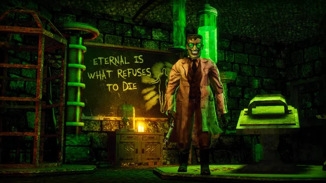 DOCTOR VISCERA screenshot: Dr. Viscera stands in a green-lit laboratory beside a blackboard reading Eternal is what refuses to die
