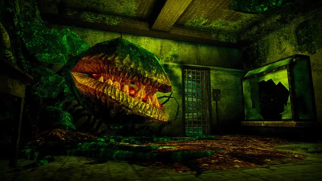 DOCTOR VISCERA screenshot: a giant carnivorous plant with jagged teeth fills an overgrown room beside a barred door
