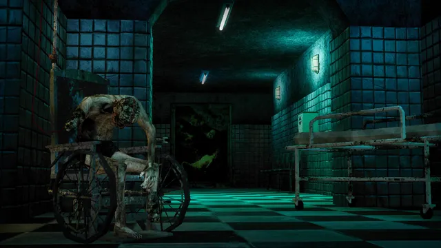 DOCTOR VISCERA screenshot: an emaciated, mutilated patient slumps in a wheelchair in a tiled hospital corridor beside an empty gurney