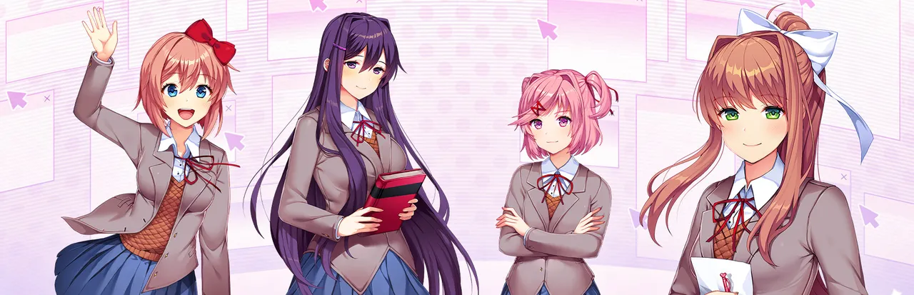 Doki Doki Literature Club Plus art: Sayori waving, Yuri with a book, Natsuki with folded arms and Monika with a sheet of paper on a pink background