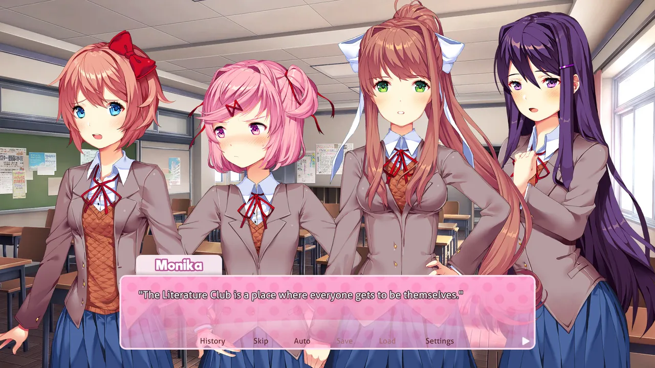 Doki Doki Literature Club Plus screenshot: all four club members in the classroom as Monika says the club is a place where everyone gets to be themselves