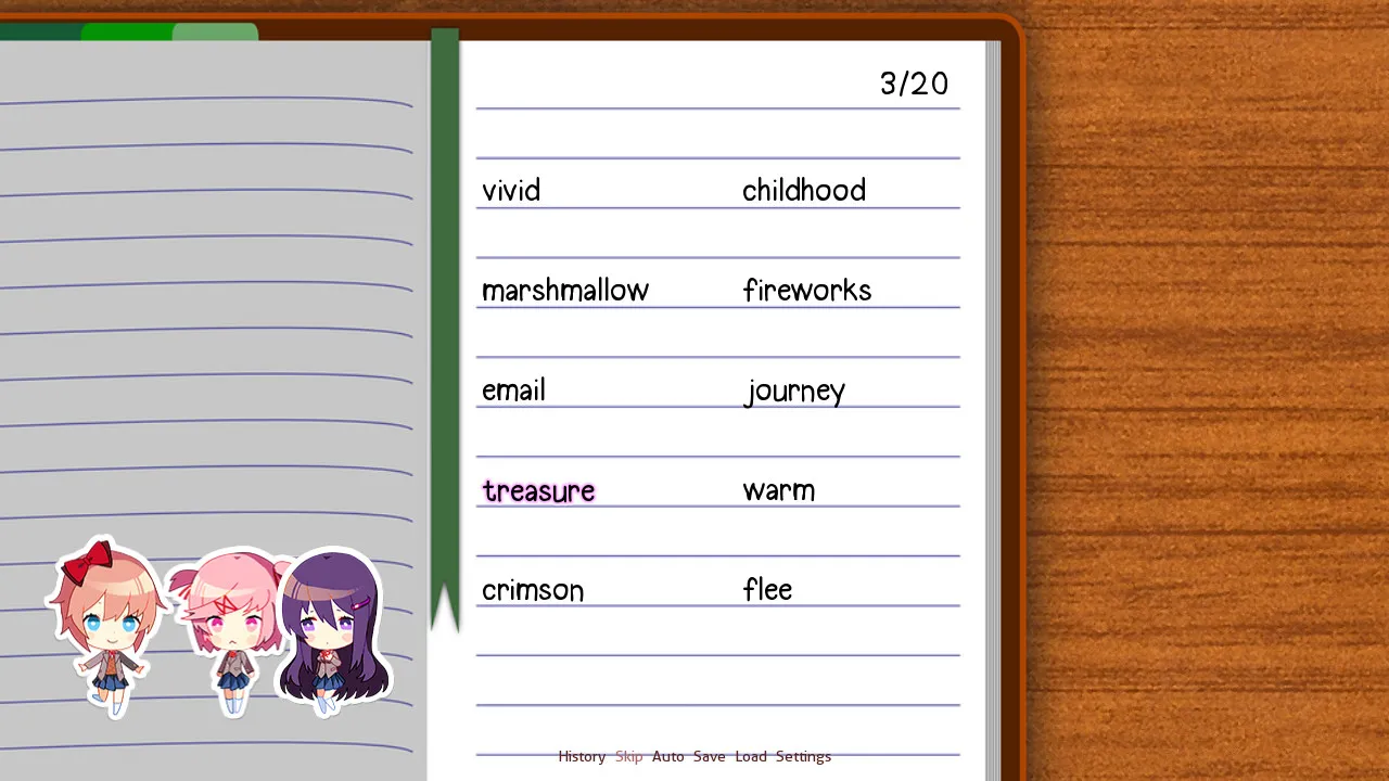 Doki Doki Literature Club screenshot: the poem-writing screen, a notebook page of words such as vivid, marshmallow, treasure and crimson to choose from