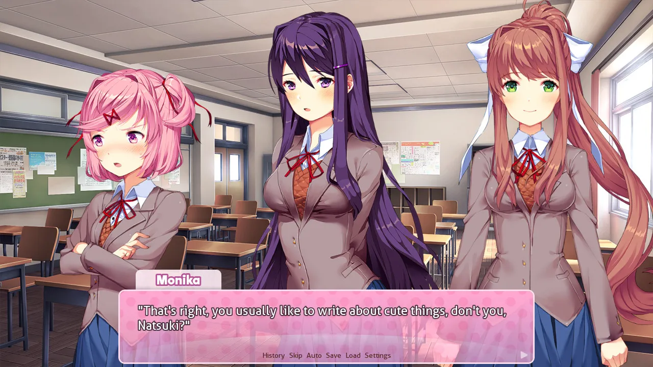 Doki Doki Literature Club screenshot: Natsuki, Yuri and Monika stand in a classroom while Monika says Natsuki usually likes to write about cute things
