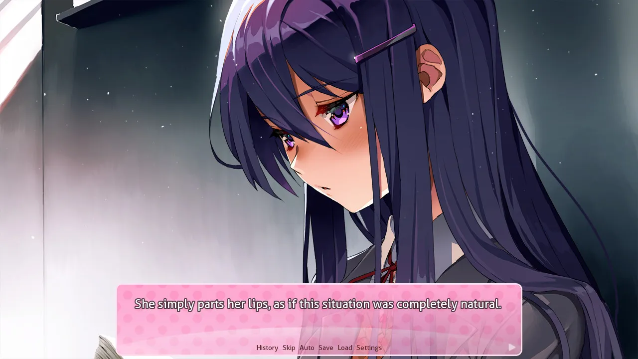 Doki Doki Literature Club screenshot: a close view of Yuri, eyes lowered, with a line of narration below