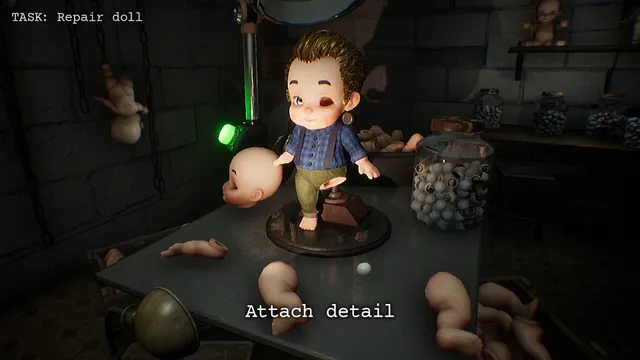 Repairing a doll on a workbench surrounded by loose doll heads and a jar of eyes