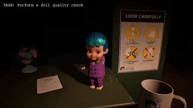 A doll quality check desk with a blue-haired doll in a purple suit, a fan and a 'look carefully' poster