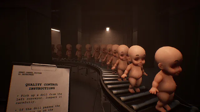 Rows of bald baby dolls riding a curved conveyor past a quality control instructions sheet