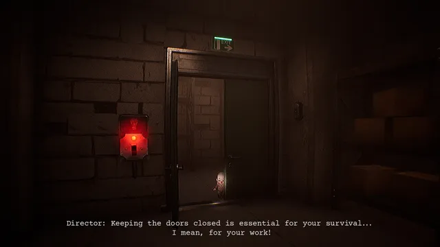 A dark brick storeroom with a closed door and a red alarm box, and a subtitle about keeping the doors closed