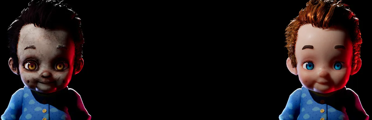 Dollmare art: two baby dolls in blue shirts at either side of a black background, the left one dirty and grinning with orange eyes