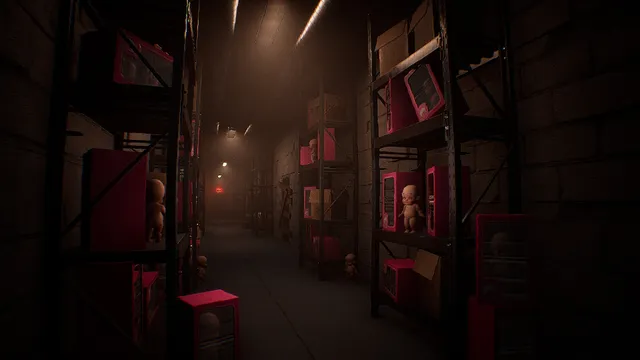 A long dim aisle of shelves stacked with boxed dolls