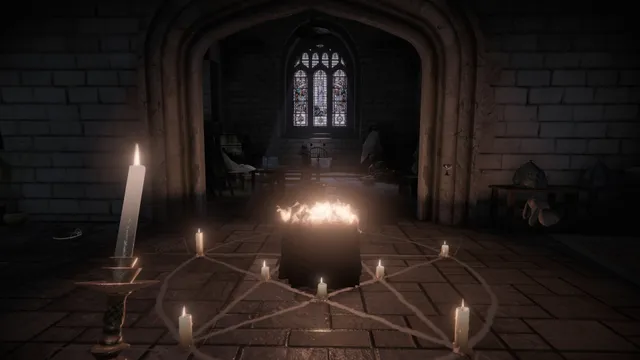 Don't Knock Twice screenshot: a pentagram of lit candles around a burning cauldron in a stone chapel