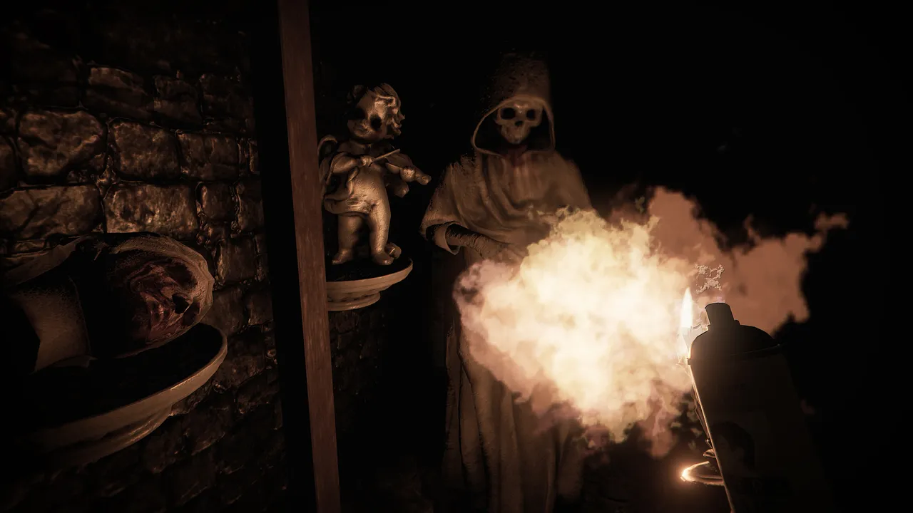 Don't Knock Twice screenshot: a hooded figure with a skull face looms beside a cherub statue in a stone room, lit by a burst of fire